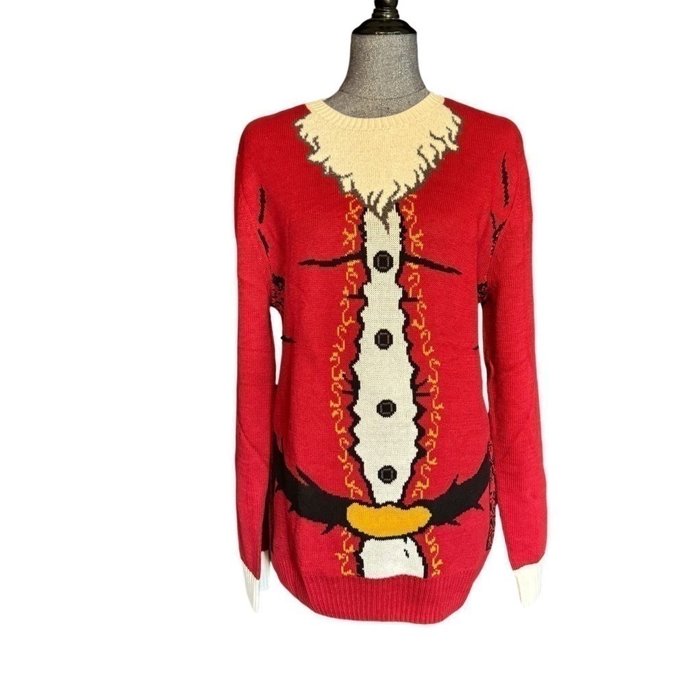 New deep red ugly Christmas sweater Santa medium crew neck gray women M pullover